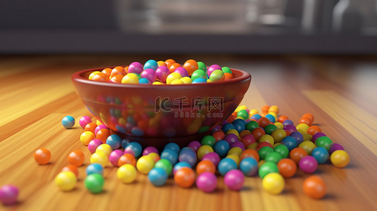 充满活力的果冻豆层叠在白色瓷碗和彩虹色木板上的 3D 插图