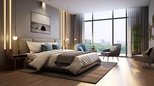 酒店或公寓内部的渲染 3D 设计，设有卧室和起居区