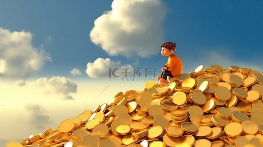 动画背景图片_坐在一堆金币上的动画人物插图，代表财政规划和储蓄 3D 渲染