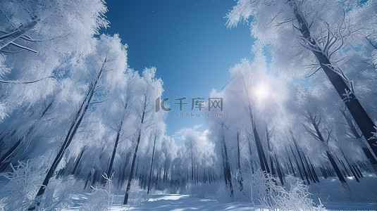 白雪皑皑的仙境，冬季蓝天下的 3d 森林