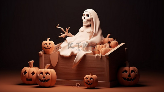 海报糖背景图片_万圣节快乐 3D 插图横幅，配有可怕的幽灵棺材和南瓜