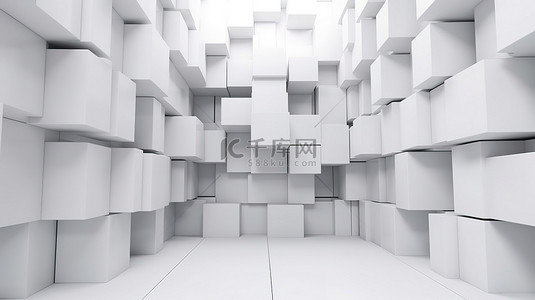 垂直 3D 渲染中的极简主义白色立方体堆叠墙纹理背景
