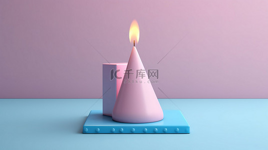 简约粉色背景 3D 渲染上蓝色三角形蛋糕上的节日蜡烛