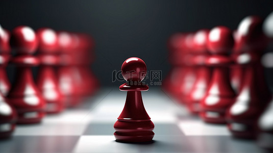 象征游戏领导力的红色国际象棋棋子的 3D 渲染