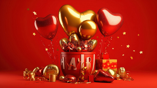 金色箔气球中的情人节字体，饰有 3D 心锥礼品盒和红色背景的球
