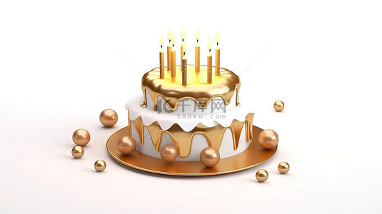 卡通甜点分层蛋糕的三维渲染，带有蜡烛，用于白色背景的金色生日庆祝活动