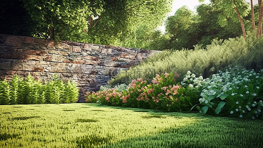 郁郁葱葱的 3D 渲染花园，装饰着攀缘植物郁郁葱葱的草地和参天大树