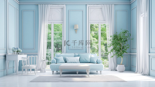 普罗旺斯风格的室内舒适卧室，配有窗边沙发床和桌子，配有白色家具和蓝色墙壁，采用 3D 渲染