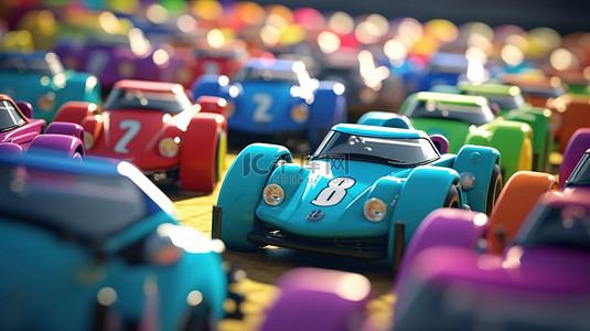 赛车开始时排列的赛车的特写 3D 插图