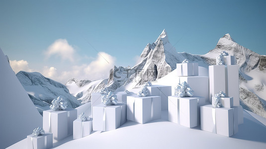 冬天背景图片_3D雪山中的礼品盒