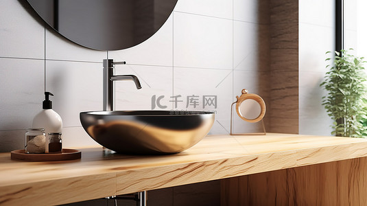 浴室台面背景图片_木质台面，带有蒙太奇空间，并可在浴室 3D 渲染中看到容器水槽的特写视图