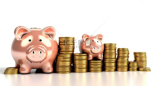 3D 渲染的存钱罐坐在金币堆顶部的插图，强调了投资目的储蓄的重要性