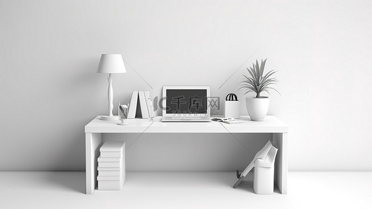 简约的白色办公桌，具有创意设计和纸张创作 3D 渲染工作区插图