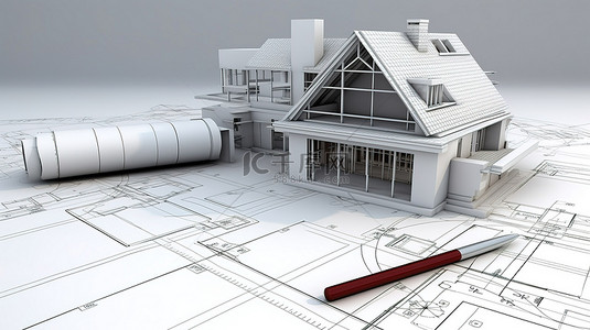 素描背景图片_使用 3D 房屋模型在白色背景上用卡尺测量的建筑平面图