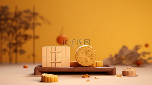 月饼背景图片_中秋节背景下的月饼和礼品盒 3D 渲染