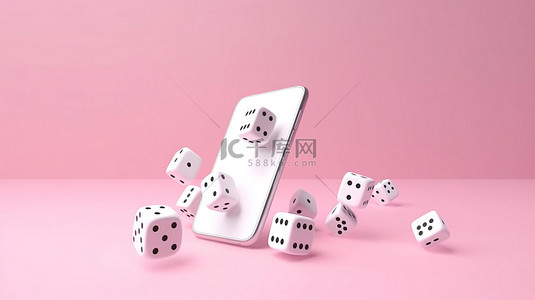 游戏进行中背景图片_3d 渲染中的极简主义白色骰子漂浮在空白的智能手机屏幕上，用于在柔和的粉红色背景上进行游戏和广告