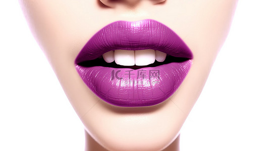 卡通时尚女士背景图片_白色背景上女性嘴唇的紫色口红吻 3D 渲染