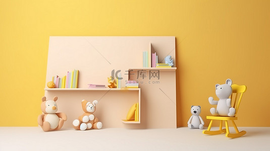 可爱的玩具舒适的椅子家具和复制空间 3d 渲染墙上的书籍