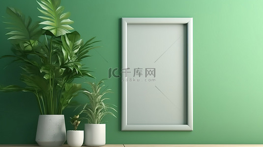 带有垂直相框的绿墙非常适合您的设计和植物装饰海报模板 3D 渲染的免费复制空间