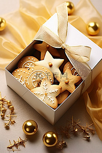 饼干曲奇背景图片_一盒带有圣诞星和装饰品的饼干