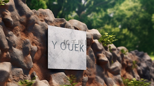 户外标志 3D 渲染，以树木和岩墙为背景，以空墙标志模型为特色