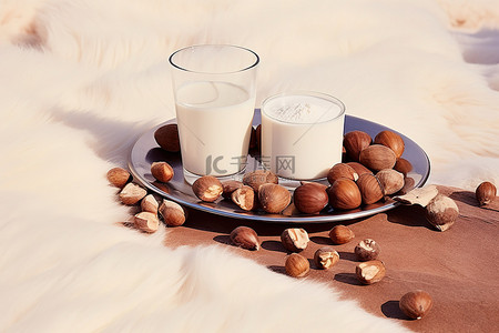 冬天温暖背景图片_坚果牛奶和巧克力
