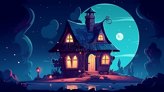 房子夜色卡通插画背景