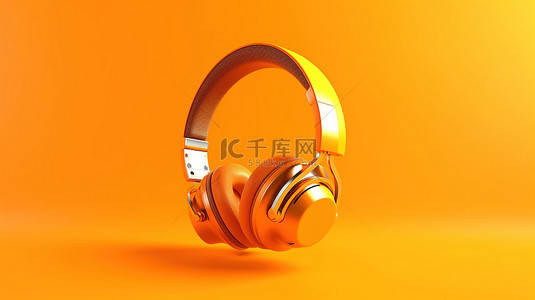 简约派对概念 3D 渲染橙色背景上的橙色耳机