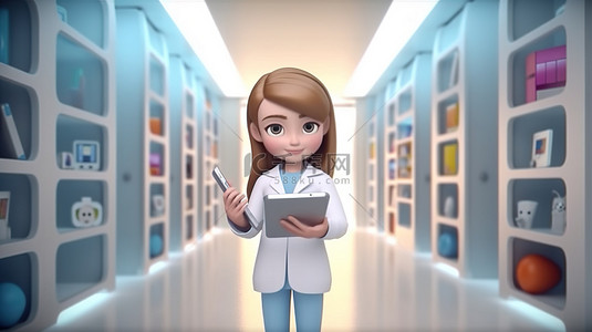 室内卡通背景图片_医疗室内女医生使用技术和工具来照顾病人