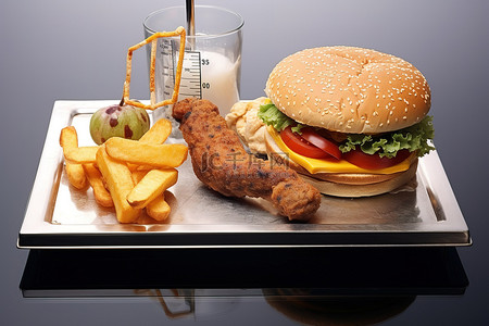 油炸小食背景图片_带油炸食品的体重秤和带减肥功能的汉堡食品秤