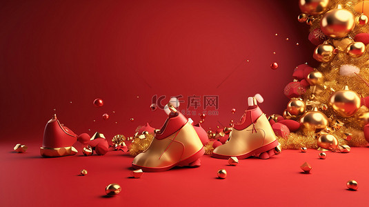 红色背景装饰着 3d 渲染的圣诞老人袜子，装饰着金色的铃儿响叮当浆果叶小饰品和照明花环，配有复制空间