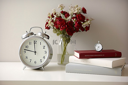 书背景图片_白色表面上的钟书和鲜花