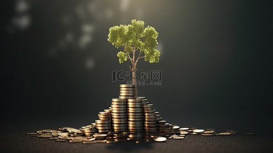 商业储蓄 3D 渲染在堆叠硬币生长图上生长的树