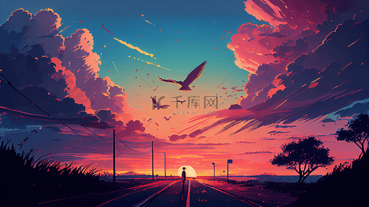 天空云朵夕阳插画背景