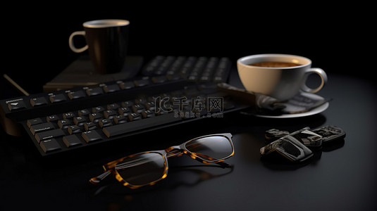 java bliss 一杯咖啡键盘和光滑黑色背景上的眼镜