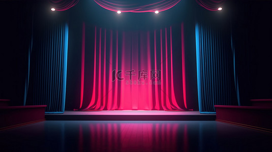 3d 舞台剧聚光灯照耀着带有令人惊叹的红色和蓝色窗帘的剧院舞台