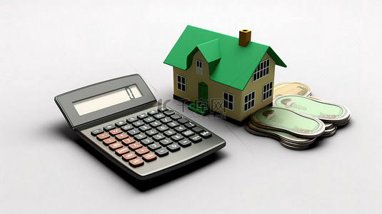 房地产图标背景图片_房地产销售概念 3D 渲染房屋计算器和钱包图标
