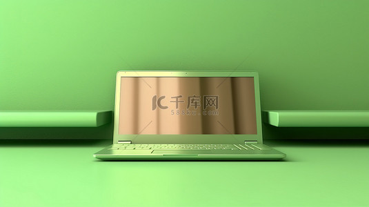 垂直背景，带有绿色架子上笔记本电脑的 3D 插图