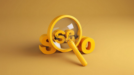 黄色背景插图与 3D 渲染 seo 措辞搜索引擎优化概念