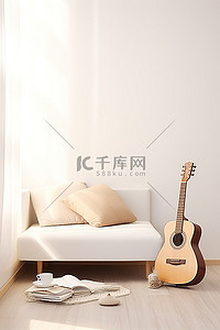书背景图片_前景有吉他和书的小卧室 pmmi091179