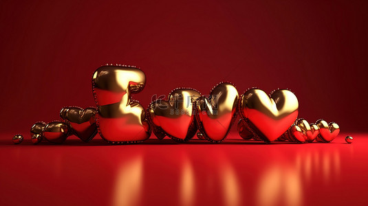 红色背景下情人节的闪闪发光的心和气球 3D 字体