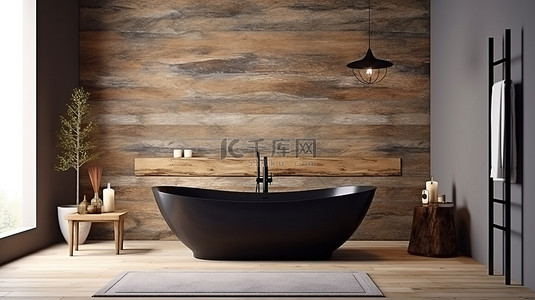 浴室地面背景图片_带浴缸石墙和木镶板的豪华浴室的令人惊叹的 3D 渲染