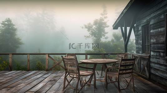 质朴的庭院坐落在大自然的薄雾中 3D 渲染的木制家具