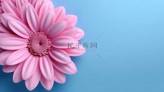 3D 渲染的蓝色贺卡，配有各种尺寸的各种粉红色花朵