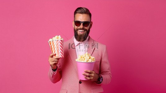 年轻人戴着 3D 眼镜和一盒爆米花在充满活力的粉红色背景下欣赏电影