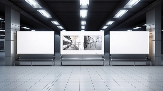 以 3D 渲染的火车站或机场内广告展示中的空广告牌