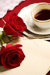 一封信图背景图片_一个咖啡杯和一个盘子上的一封信，上面有一朵红玫瑰