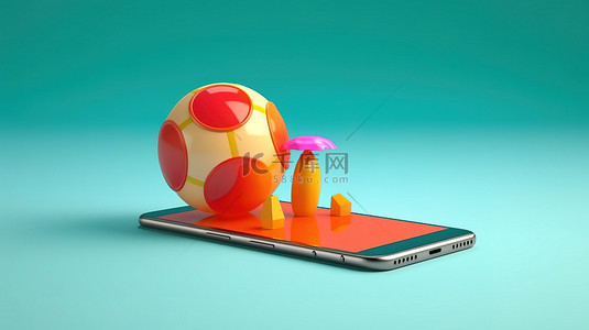 沙滩球的 3D 插图，带有复制空间，用于通过智能手机在线预订暑假