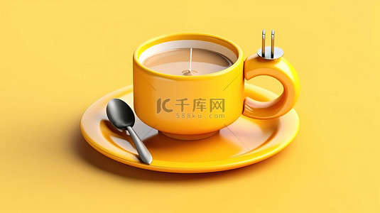 醒来喝咖啡，黄色杯子和盘子的 3D 渲染作为白色背景上的闹钟
