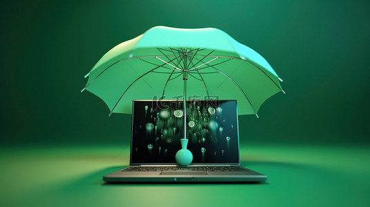 保护笔记本电脑的绿色雨伞的 3D 插图